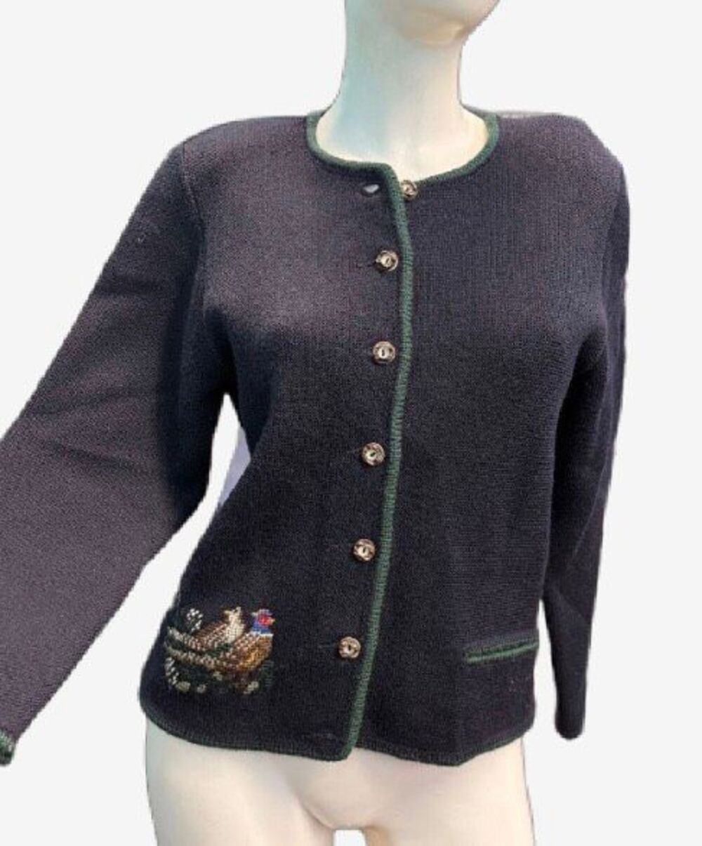 Astrifa German Wool Pheasant Embroidered Blue Cardigan Sweater Women’s size 10 E